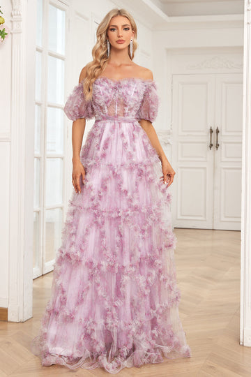 Vestido Largo de Graduación Púrpura Estampado